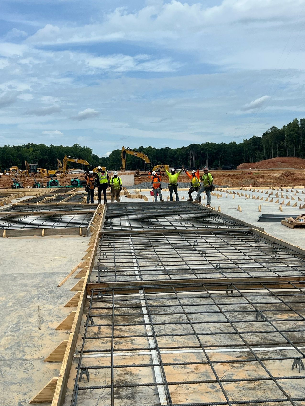 Ramirez Rod crew on site at a completed tilt-up panel mat tie-out, Cash Corporate, Apex NC